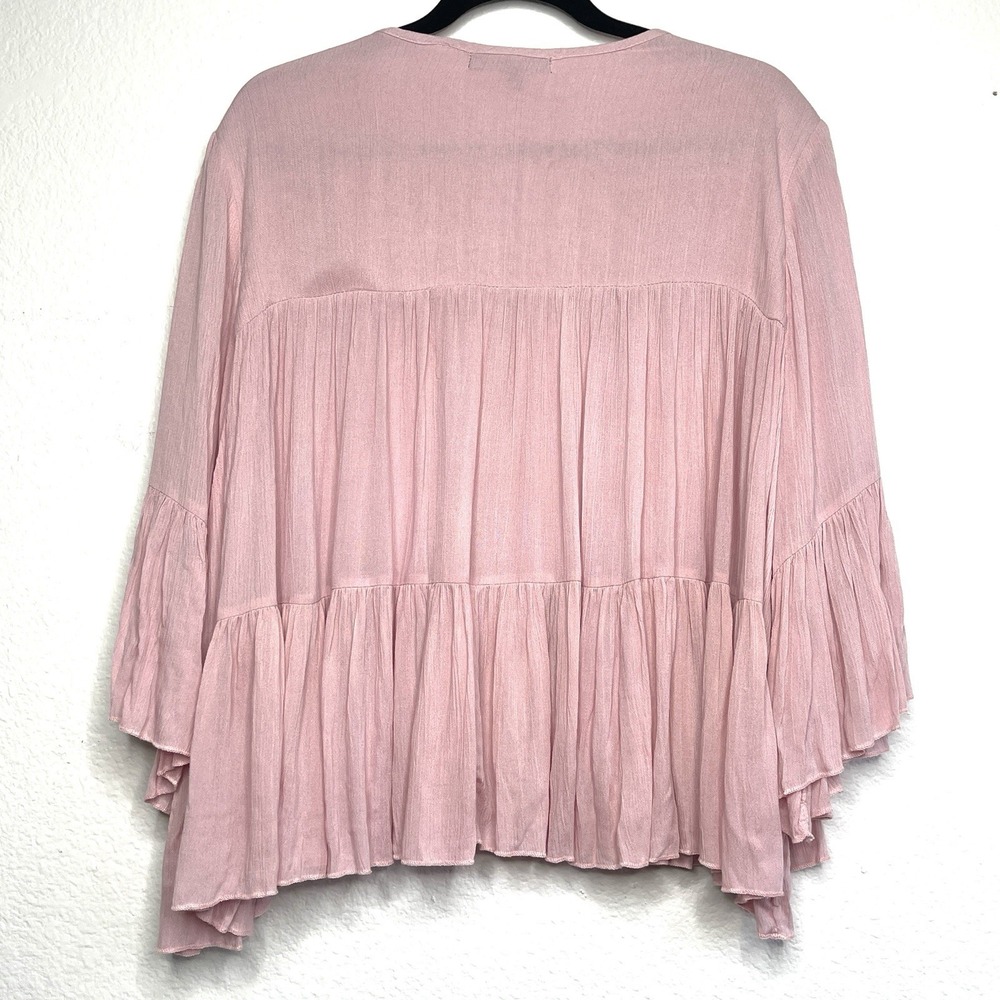 Romeo + Juliet Couture Pink Embroidered Ruffle Kimono Peasant Top Size Large - Picture 8 of 15